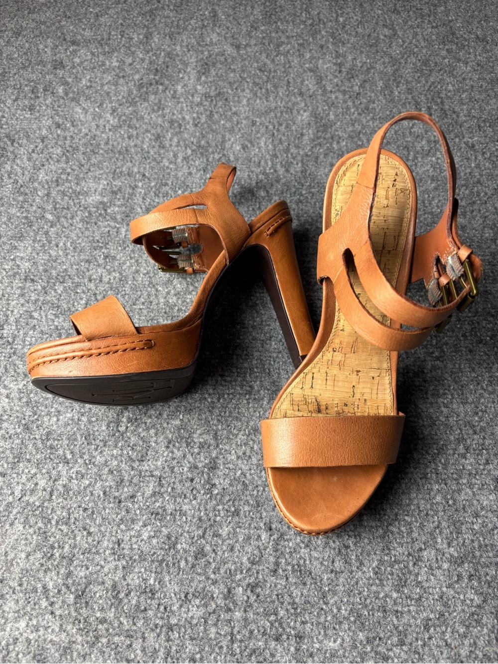 Ralph Lauren Cognac Leather Platform High Heel Sandals
